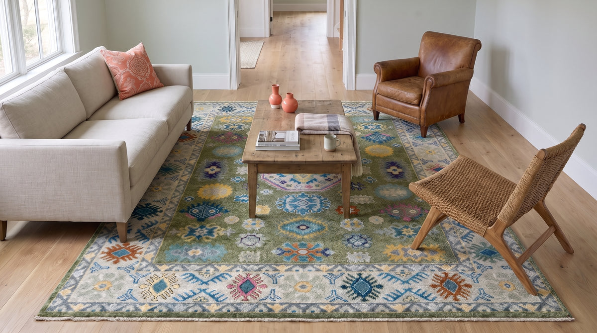 Inviting Kazak Light Green Hand Knotted Wool Rug in a living room