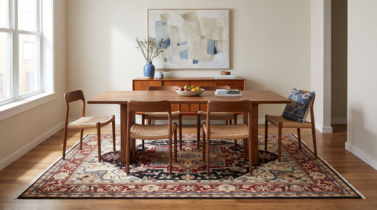 Inviting Oriental Navy Hand Knotted Wool Rug in a dining room