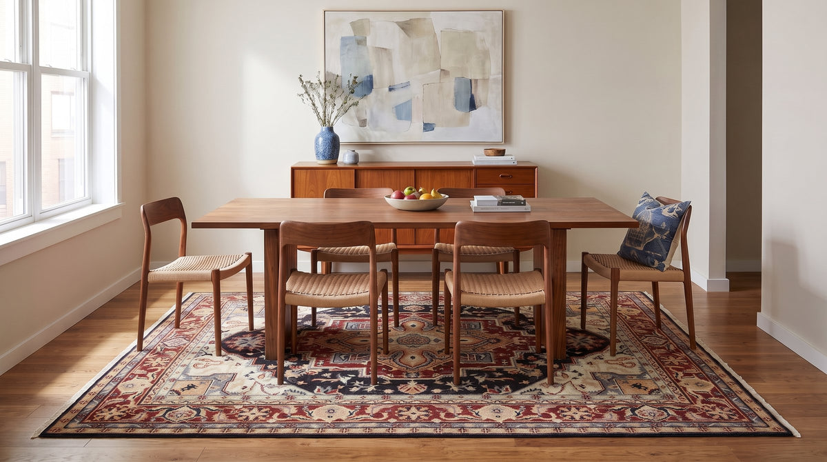 Inviting Oriental Navy Hand Knotted Wool Rug in a dining room