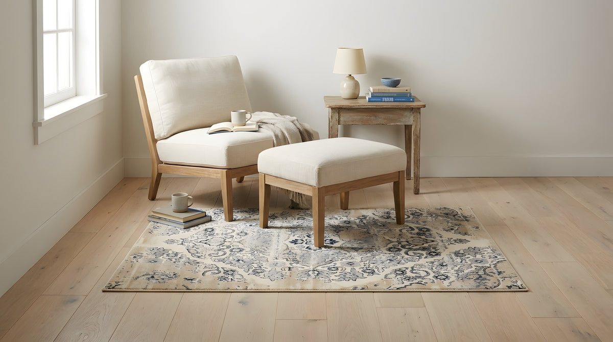 Iris Mira Ivory Machine Made Rug in a reading nook