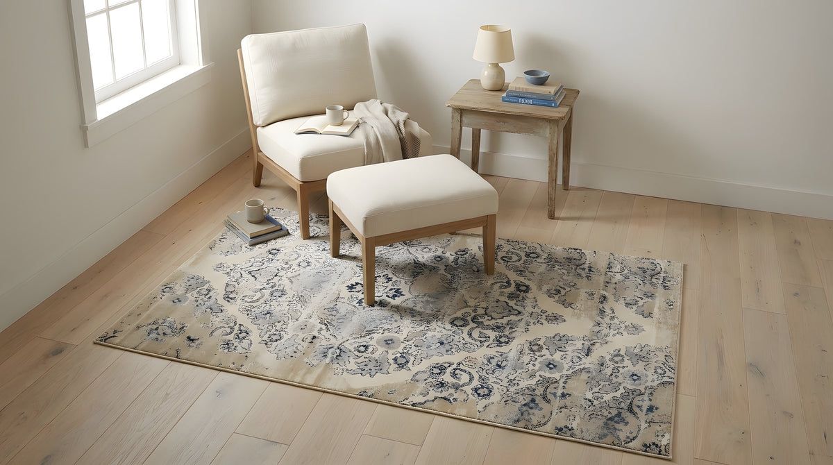 Iris Mira Ivory Machine Made Rug in a reading nook