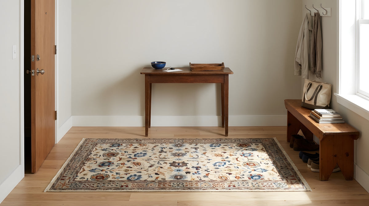 Iris Oushak Beige Hand Knotted Wool Rug in a entryway