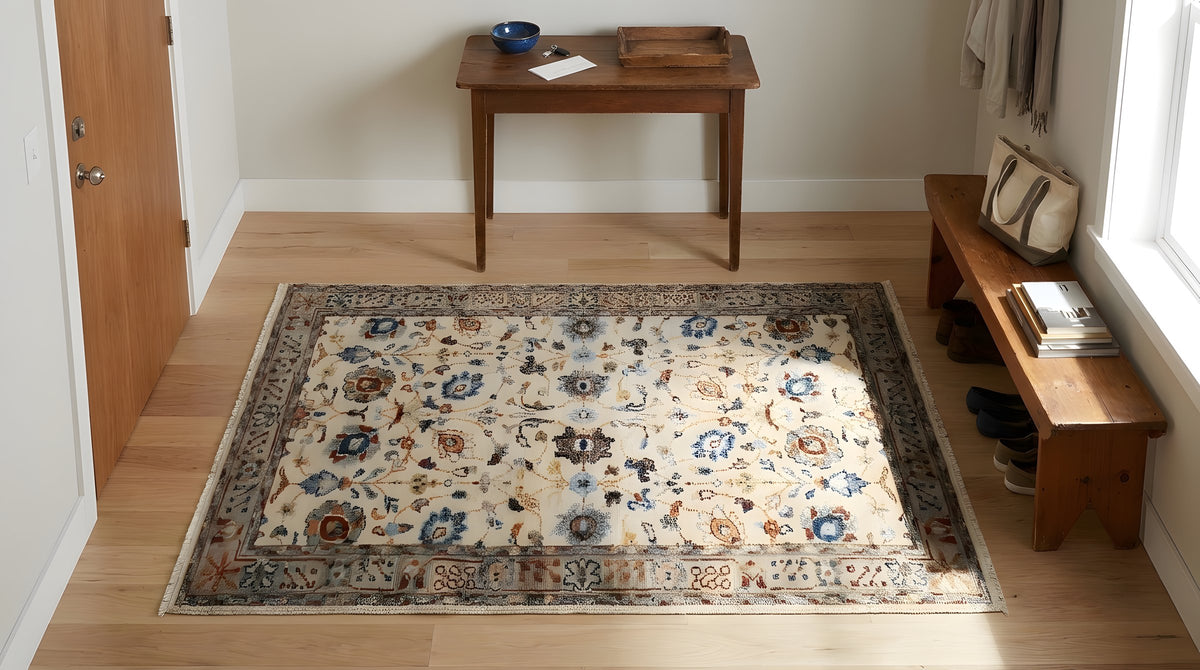 Iris Oushak Beige Hand Knotted Wool Rug in a entryway