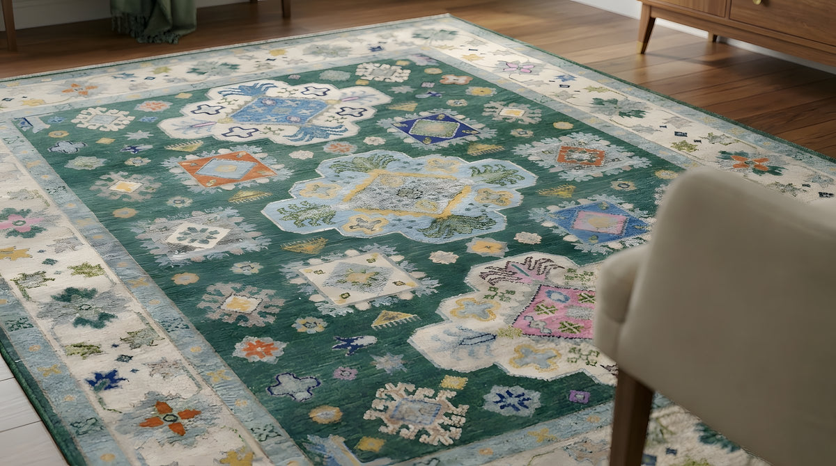 Isla Kazak Green Hand Knotted Wool Rug in a dining room