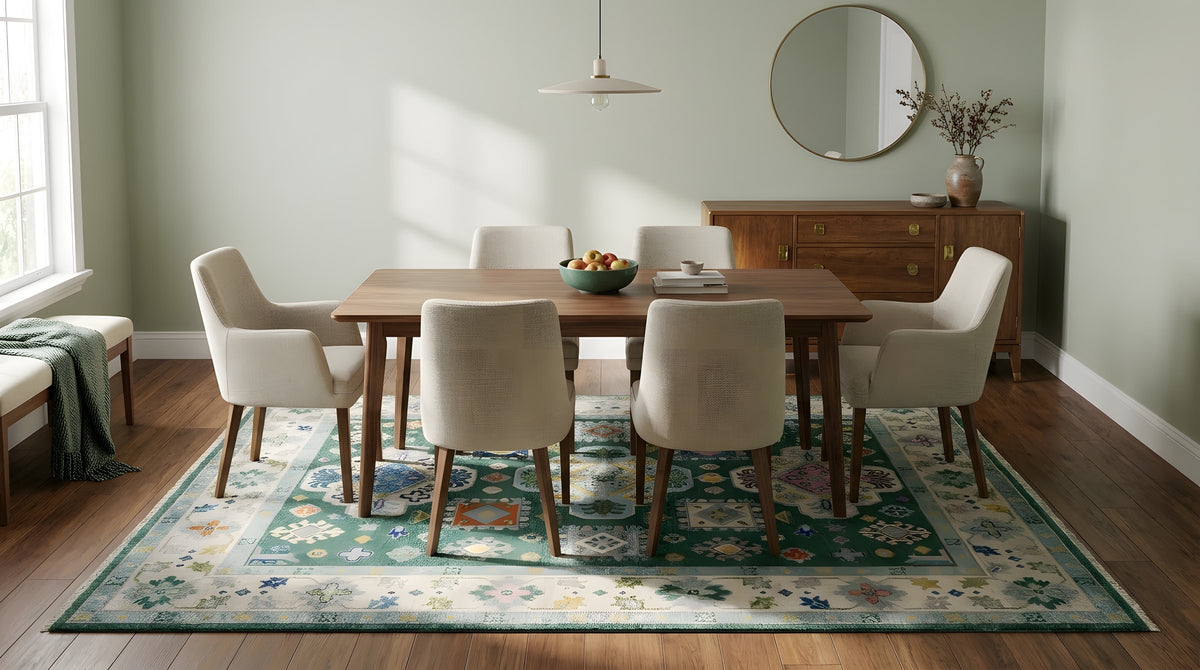 Isla Kazak Green Hand Knotted Wool Rug in a dining room