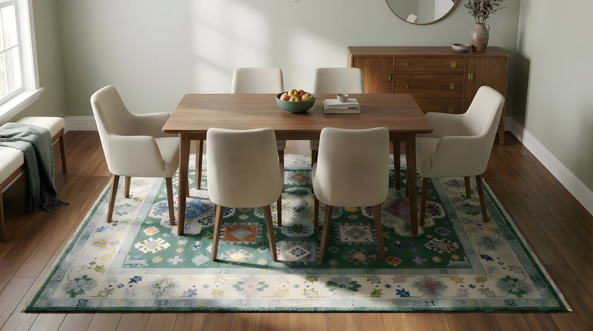 Isla Kazak Green Hand Knotted Wool Rug in a dining room