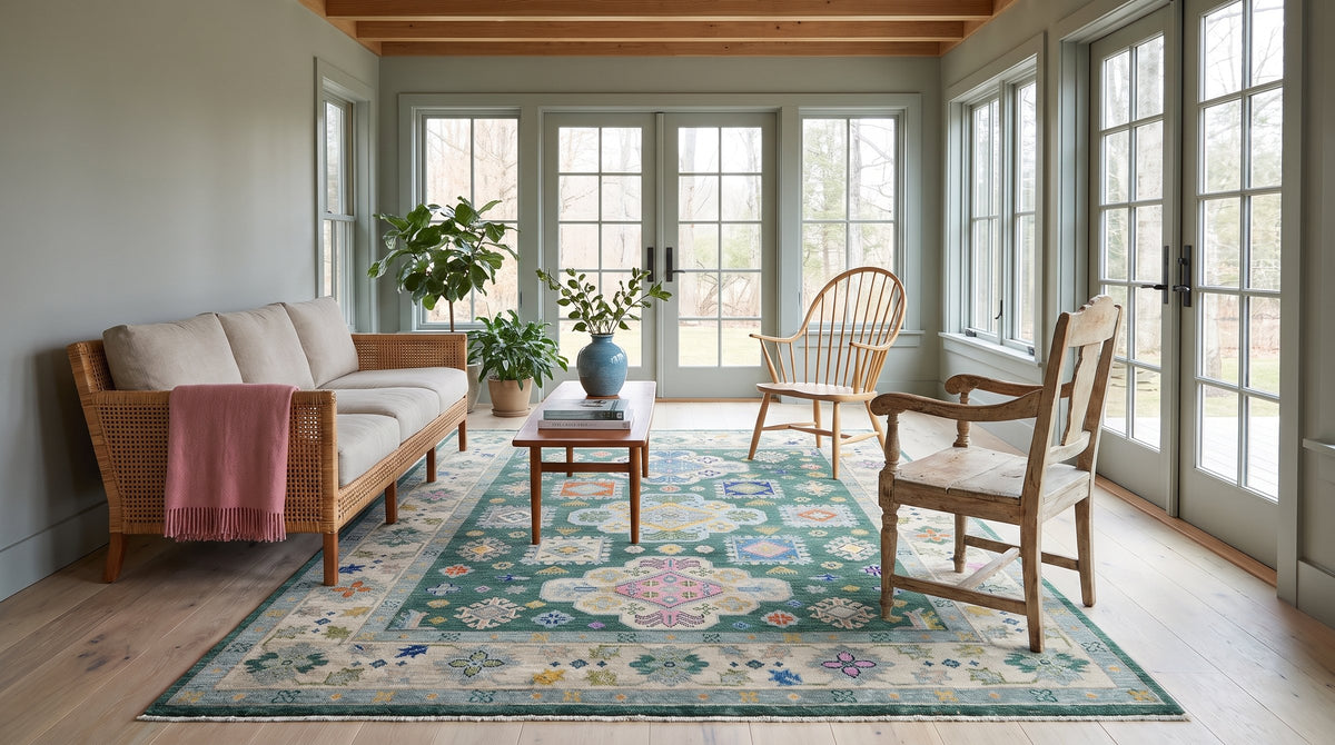 Isla Kazak Green Hand Knotted Wool Rug in a sunroom