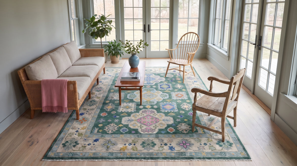 Isla Kazak Green Hand Knotted Wool Rug in a sunroom