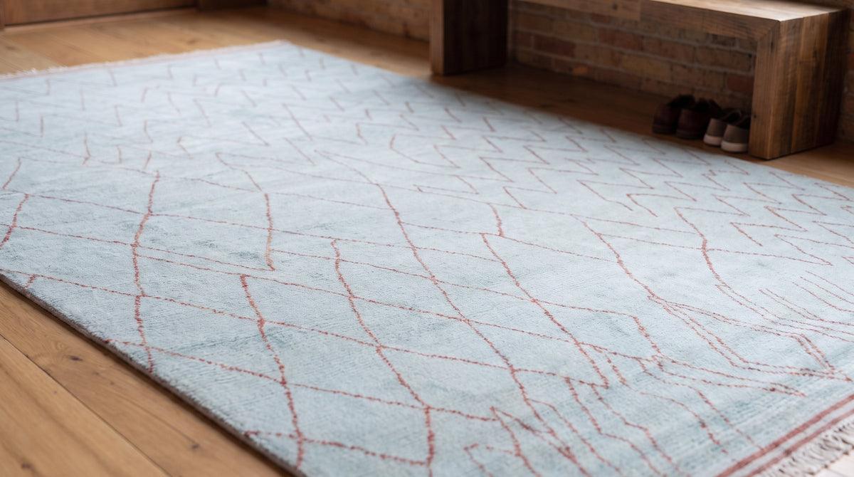 Isla Moroccan Blue Hand Knotted Wool Rug in a entryway