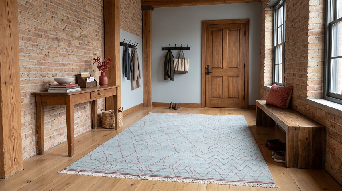 Isla Moroccan Blue Hand Knotted Wool Rug in a entryway