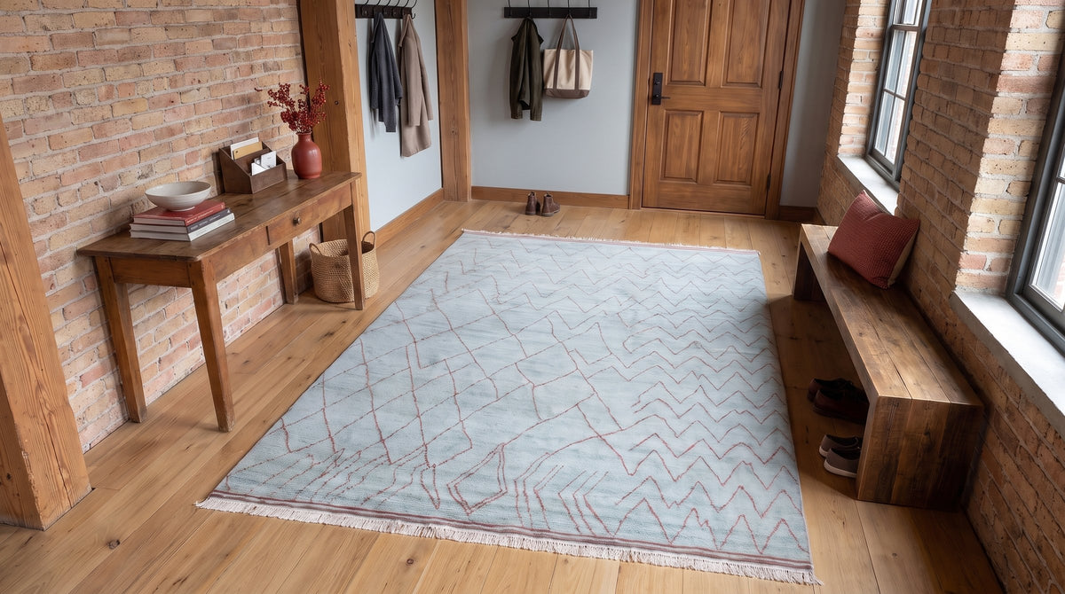 Isla Moroccan Blue Hand Knotted Wool Rug in a entryway
