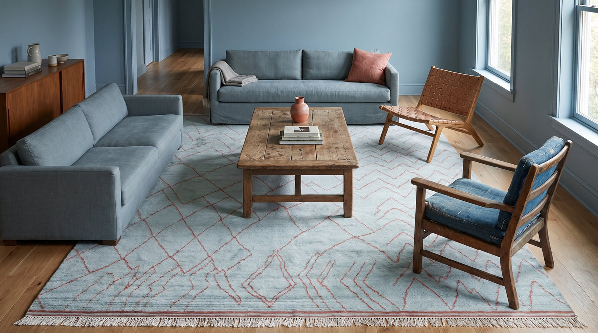 Isla Moroccan Blue Hand Knotted Wool Rug in a living room