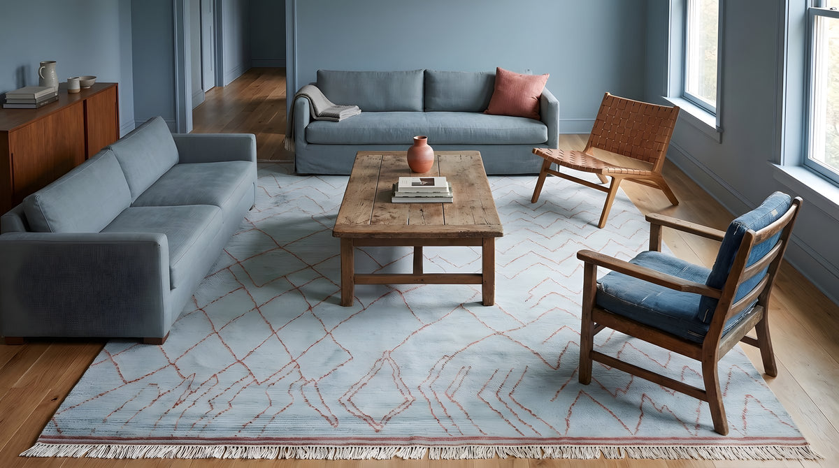 Isla Moroccan Blue Hand Knotted Wool Rug in a living room