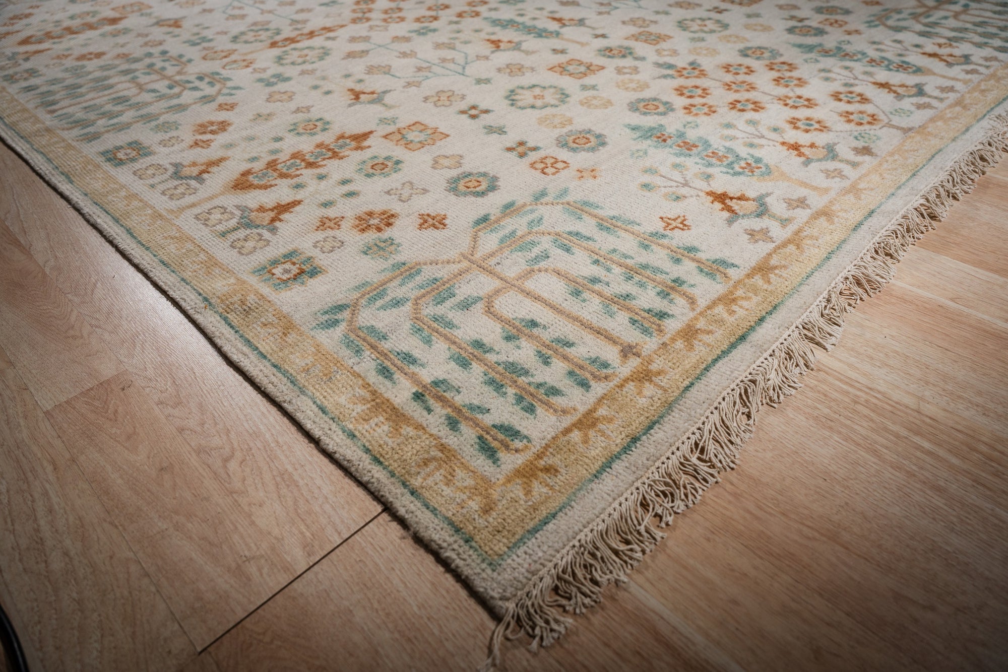 Ivory Oushak rug corner willow-tree detail