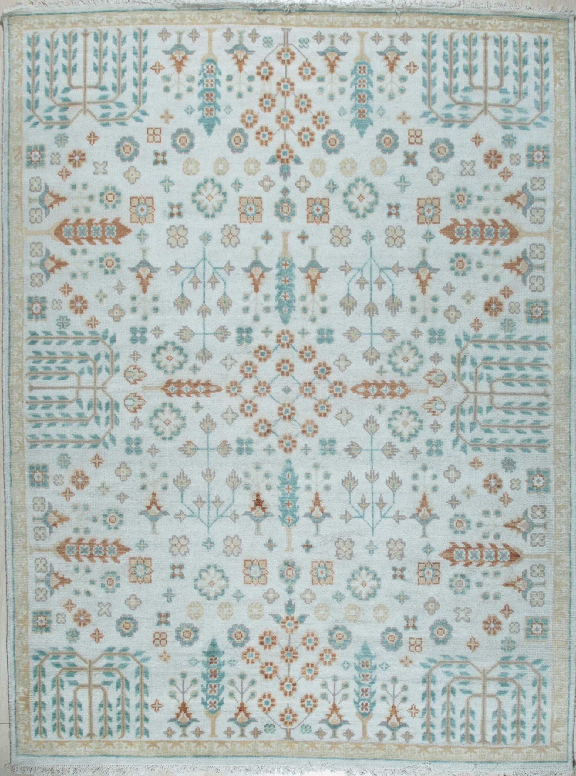 Ivory Oushak floral hand-knotted wool area rug, full overhead view