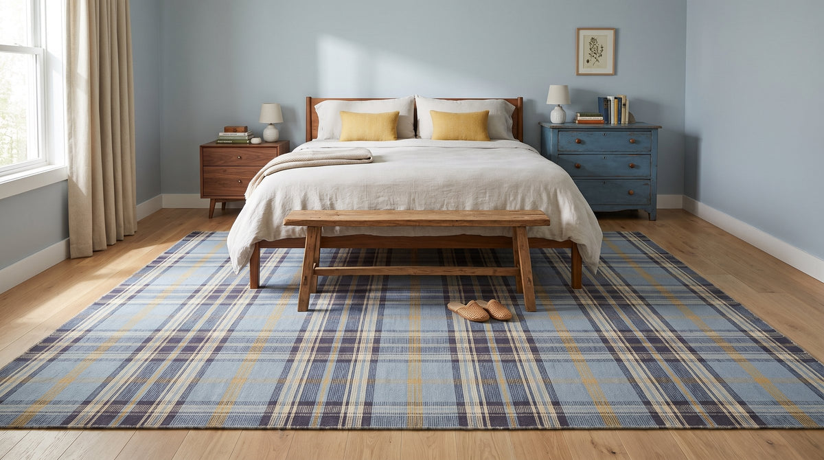 Dahlia Blue Flatweave Wool Rug in a bedroom