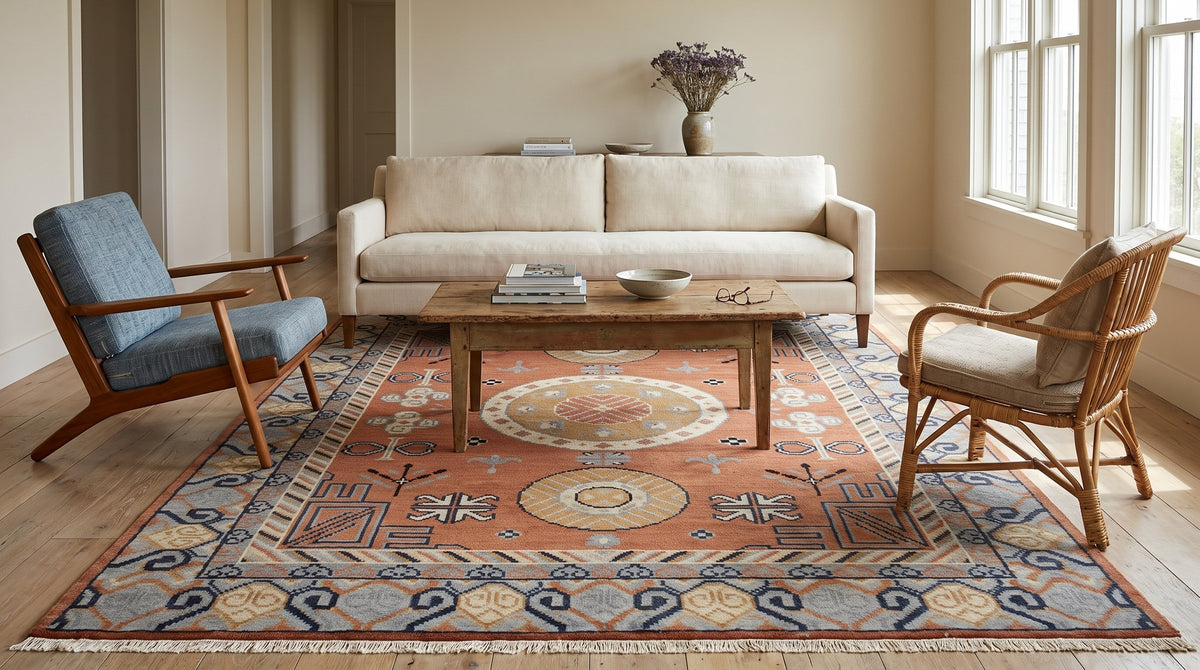 Traditional Rust Hand Knotted Wool Rug in a living room