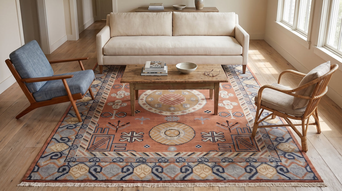 Traditional Rust Hand Knotted Wool Rug in a living room
