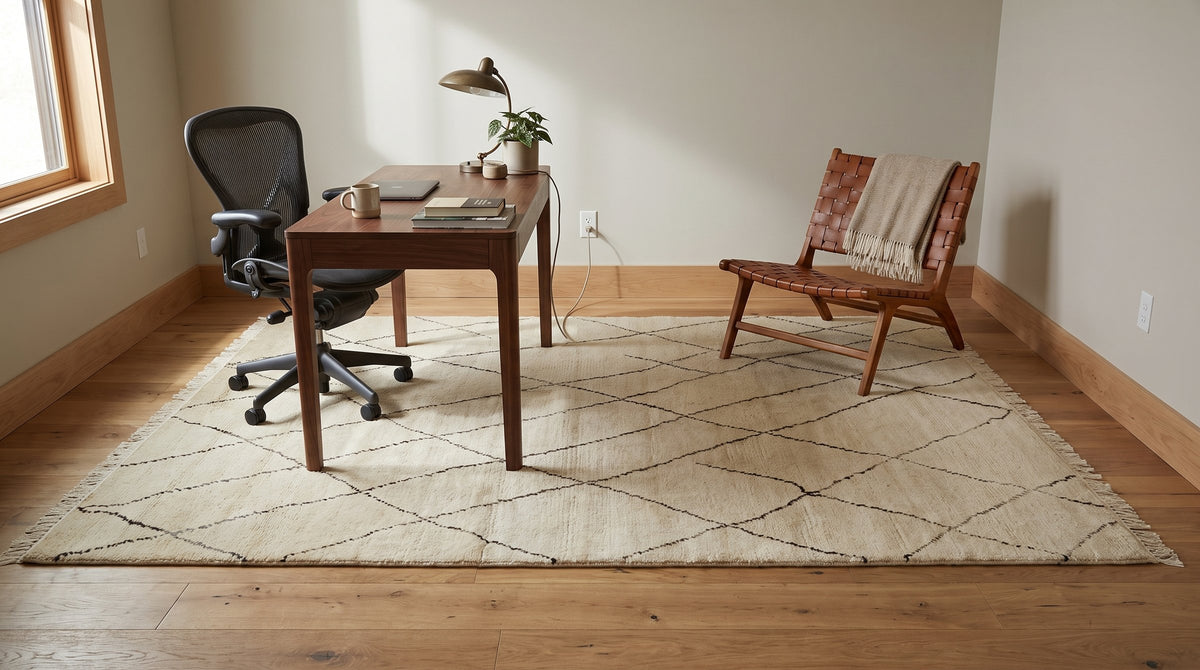 Trellis Beige Hand Knotted Wool Rug in a home office