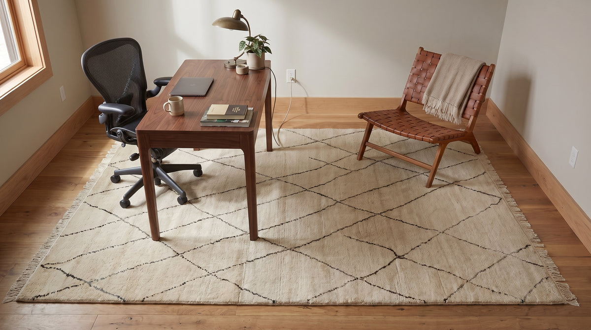 Trellis Beige Hand Knotted Wool Rug in a home office