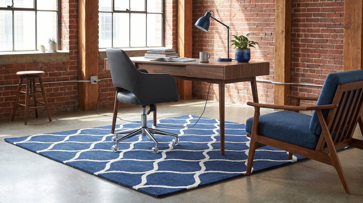 Jasmine Artisan Blue Hand Tufted Wool Rug in a home office