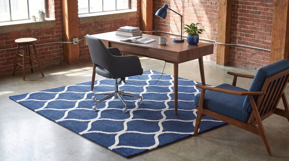 Jasmine Artisan Blue Hand Tufted Wool Rug in a home office