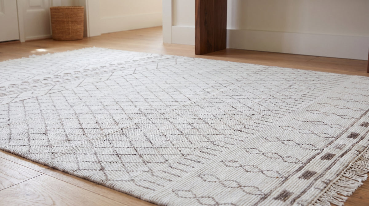 Jasmine Moroccan Ivory Hand Knotted Wool Rug in a hallway