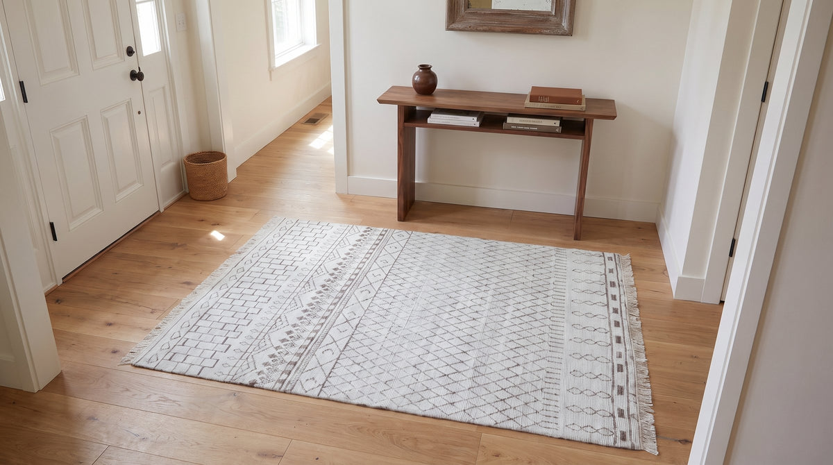 Jasmine Moroccan Ivory Hand Knotted Wool Rug in a hallway