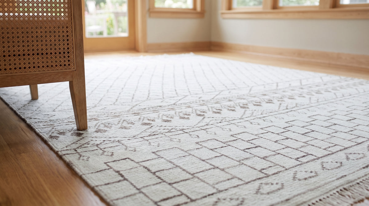 Jasmine Moroccan Ivory Hand Knotted Wool Rug in a sunroom