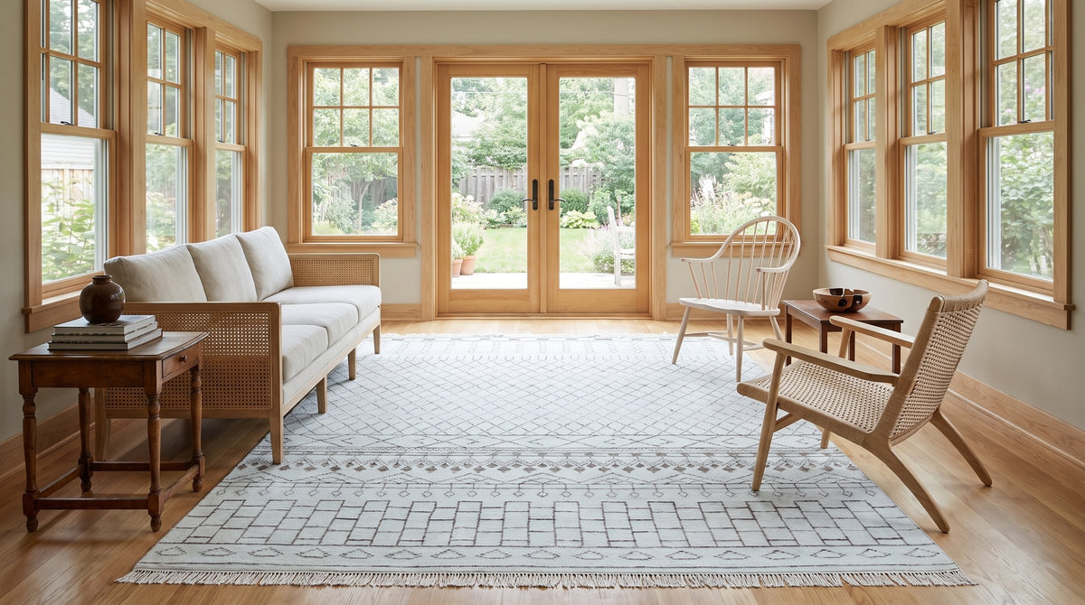 Jasmine Moroccan Ivory Hand Knotted Wool Rug in a sunroom