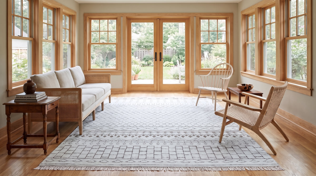Jasmine Moroccan Ivory Hand Knotted Wool Rug in a sunroom
