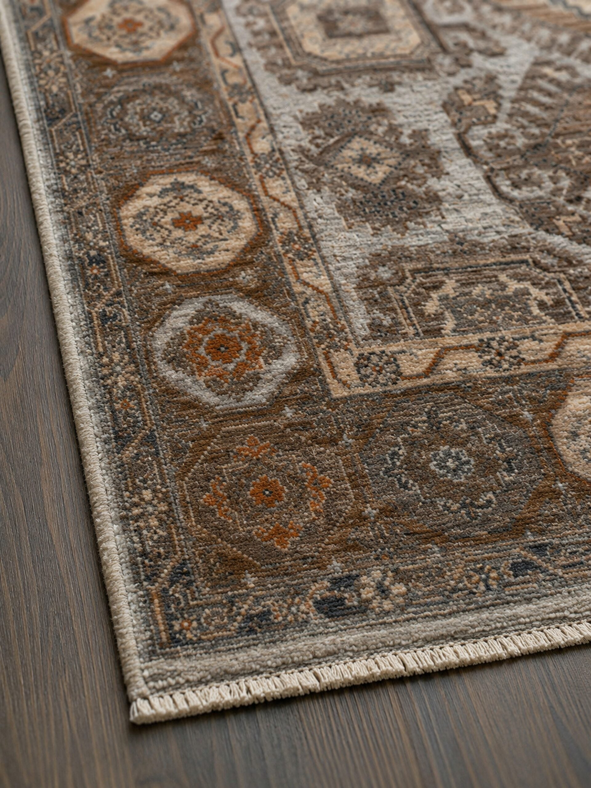 Ivory and beige Kazak hand-knotted wool area rug corner and border detail