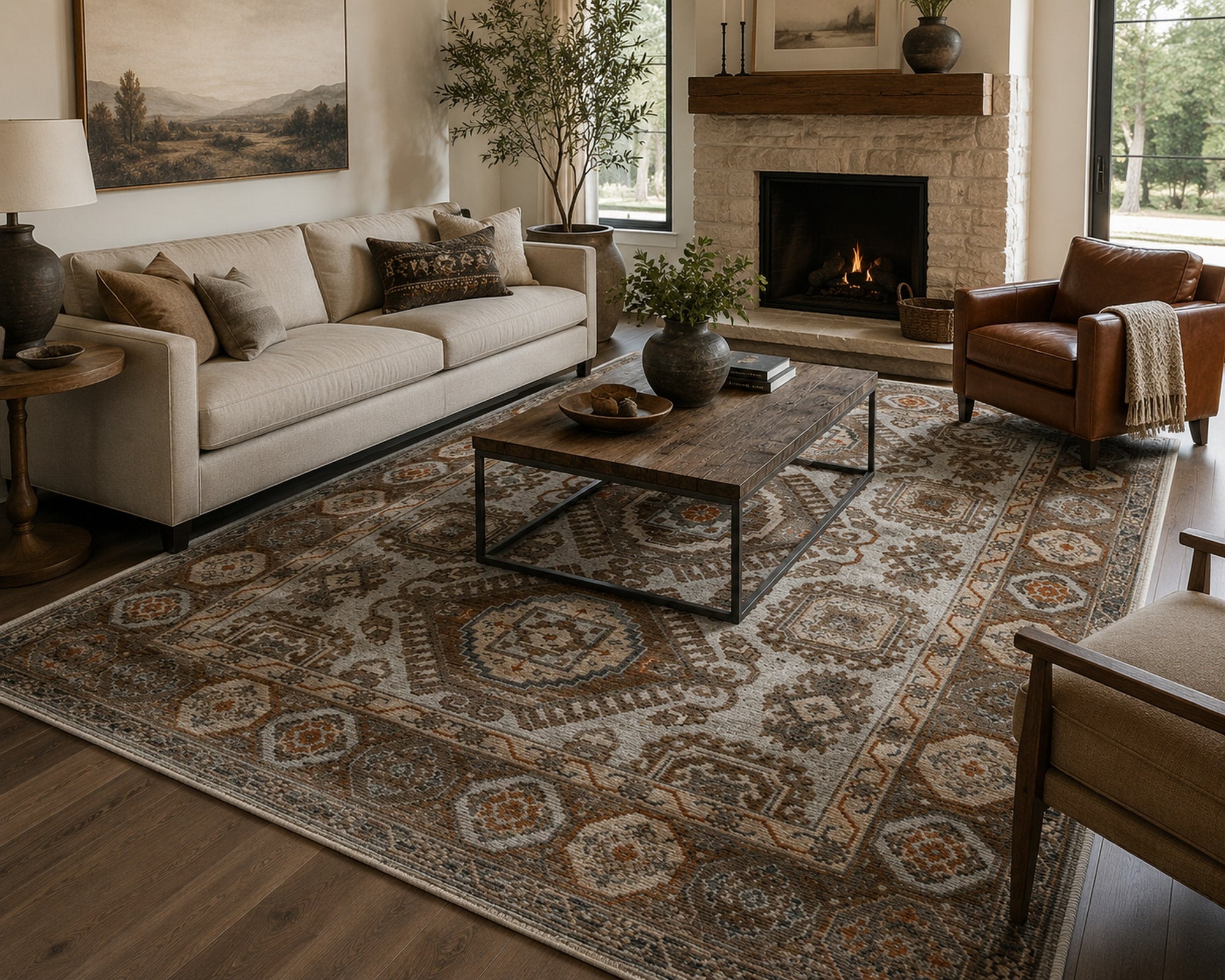 Ivory and beige Kazak hand-knotted wool area rug styled in a living room with fireplace