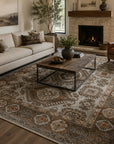 Ivory and beige Kazak hand-knotted wool area rug styled in a living room with fireplace