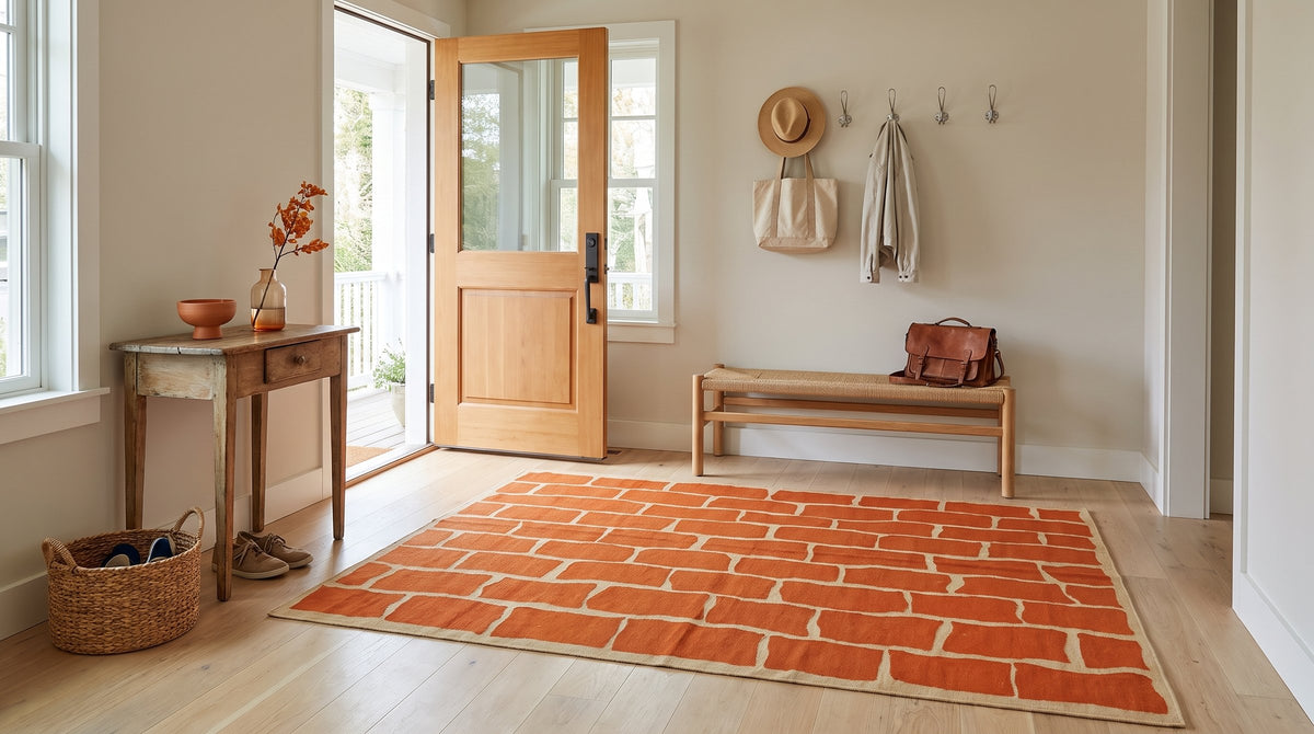 Kira Amara Orange Flatweave Wool Rug in a entryway