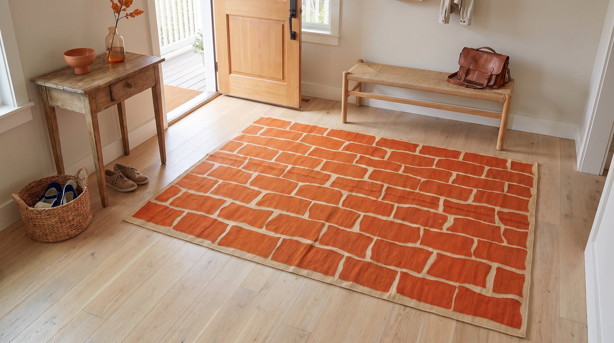 Kira Amara Orange Flatweave Wool Rug in a entryway