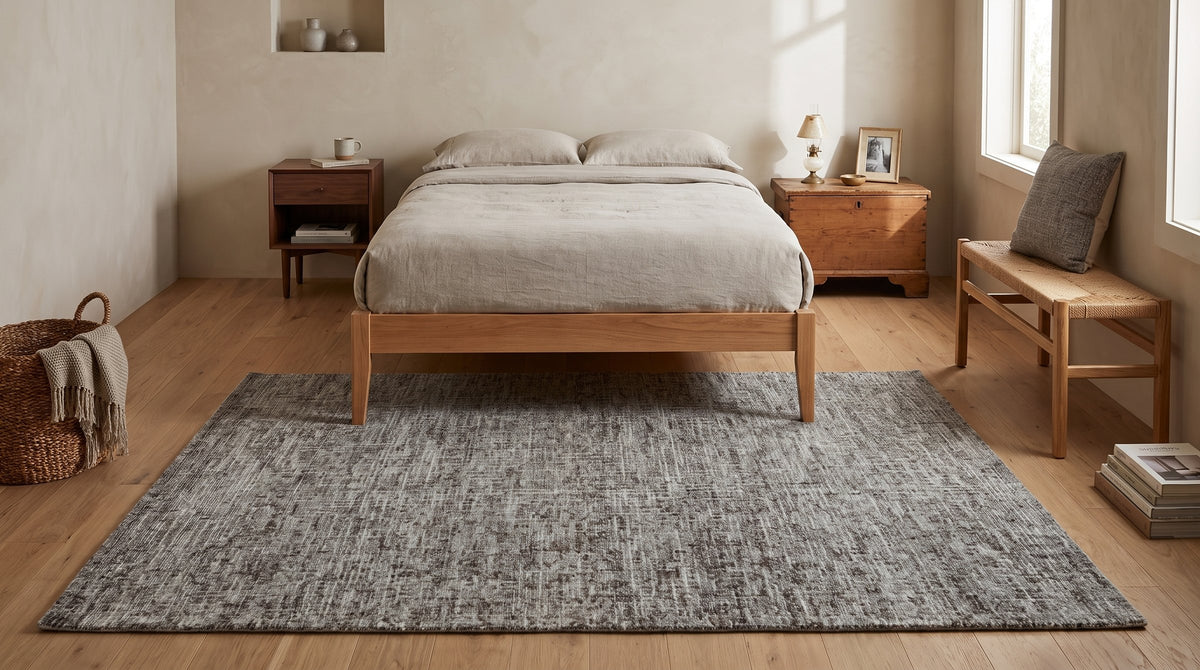 Kira Selene Dark Brown and Ivory Hand Tufted Wool Rug in a bedroom