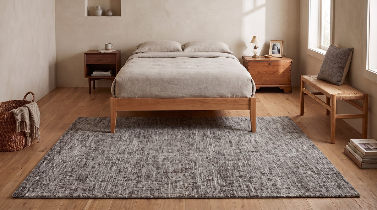 Kira Selene Dark Brown and Ivory Hand Tufted Wool Rug in a bedroom