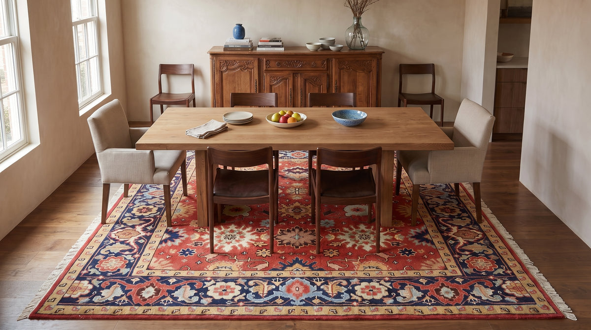 Kira Zinnia Rust Hand Knotted Wool Rug in a dining room