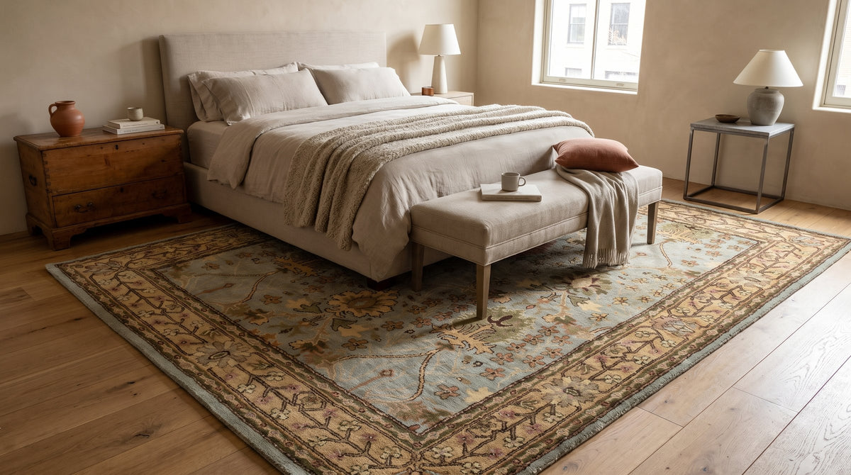 Laine Majestic Blue Hand Tufted Wool Rug in a bedroom