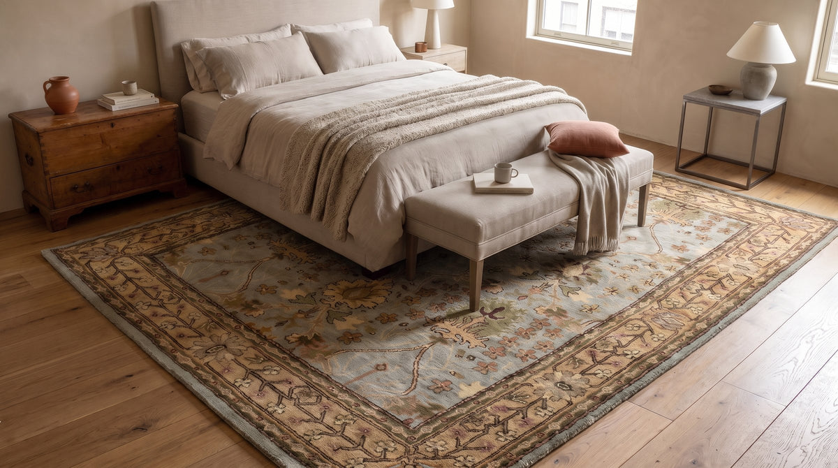Laine Majestic Blue Hand Tufted Wool Rug in a bedroom