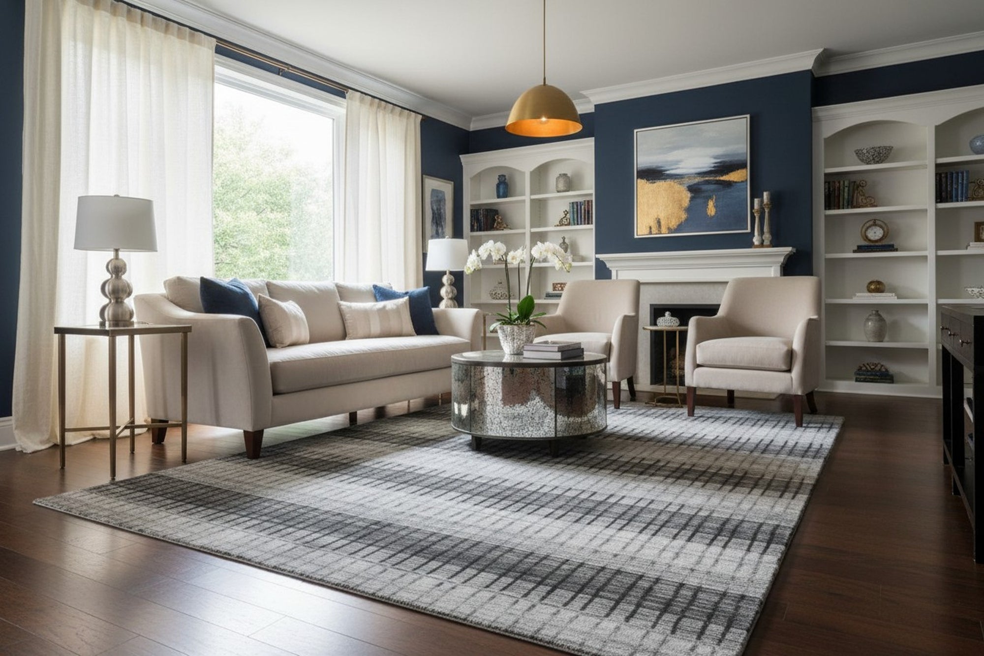 Gray contemporary geometric loom-check wool and viscose area rug styled in a living room