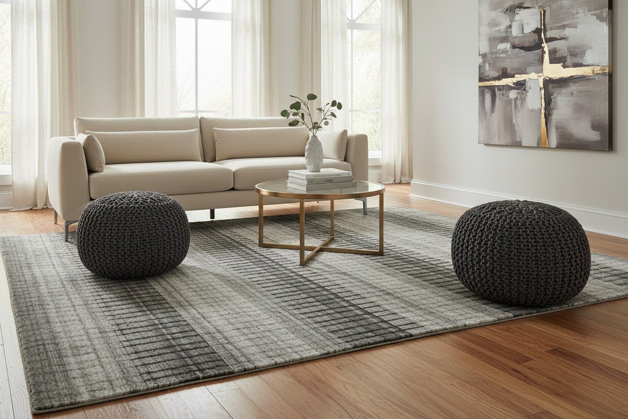 Gray contemporary geometric loom-check wool and viscose area rug styled in a living room