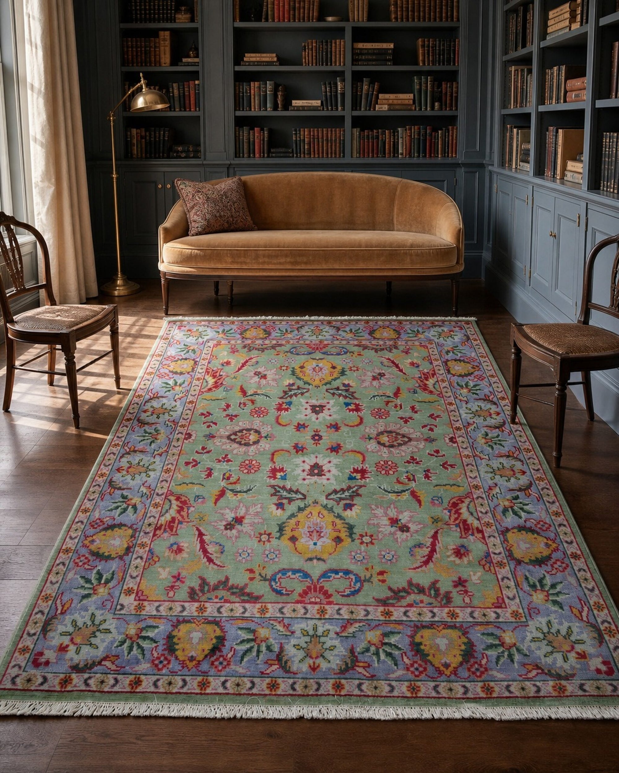 Light green Oushak floral rug styled in a library sitting room