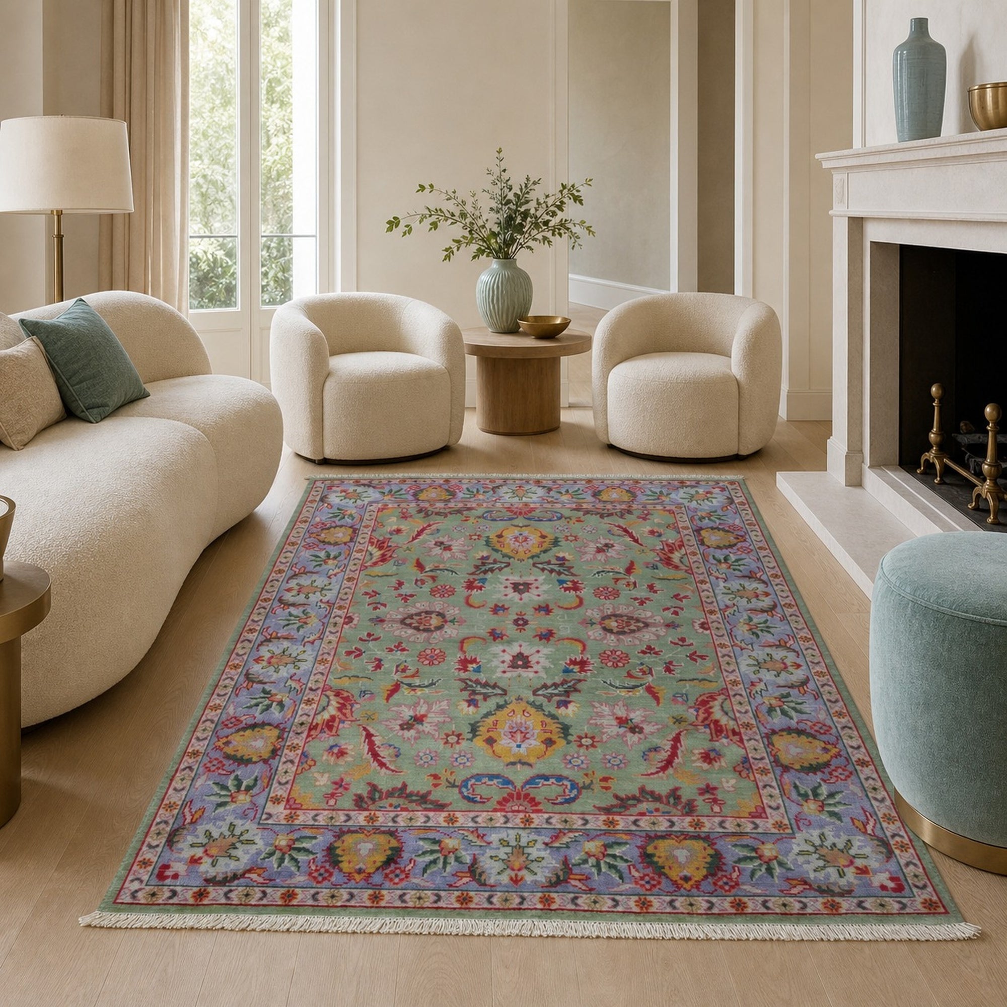 Light green Oushak floral rug styled in a living room