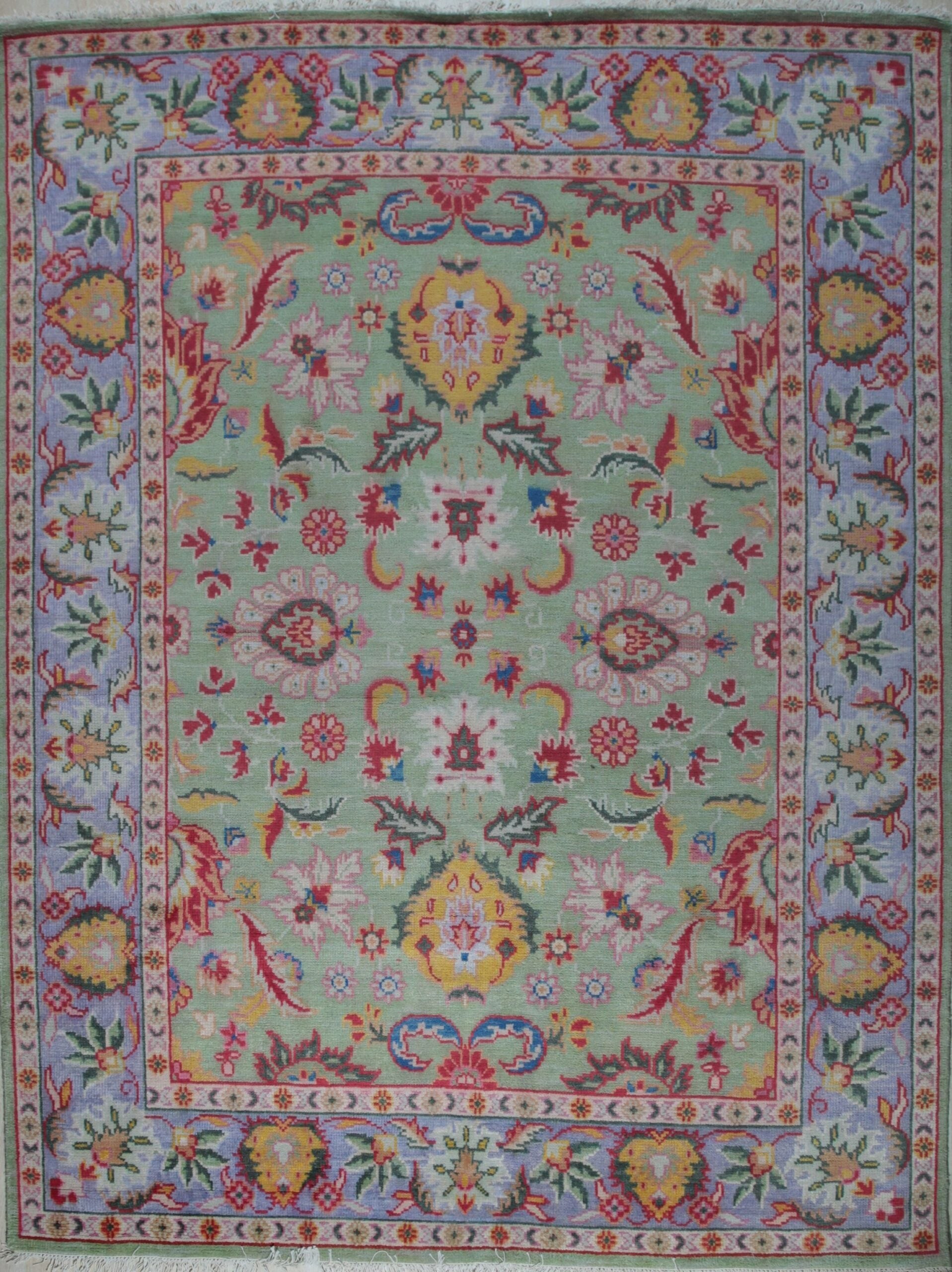 Light green Oushak floral hand-knotted wool area rug, full overhead view