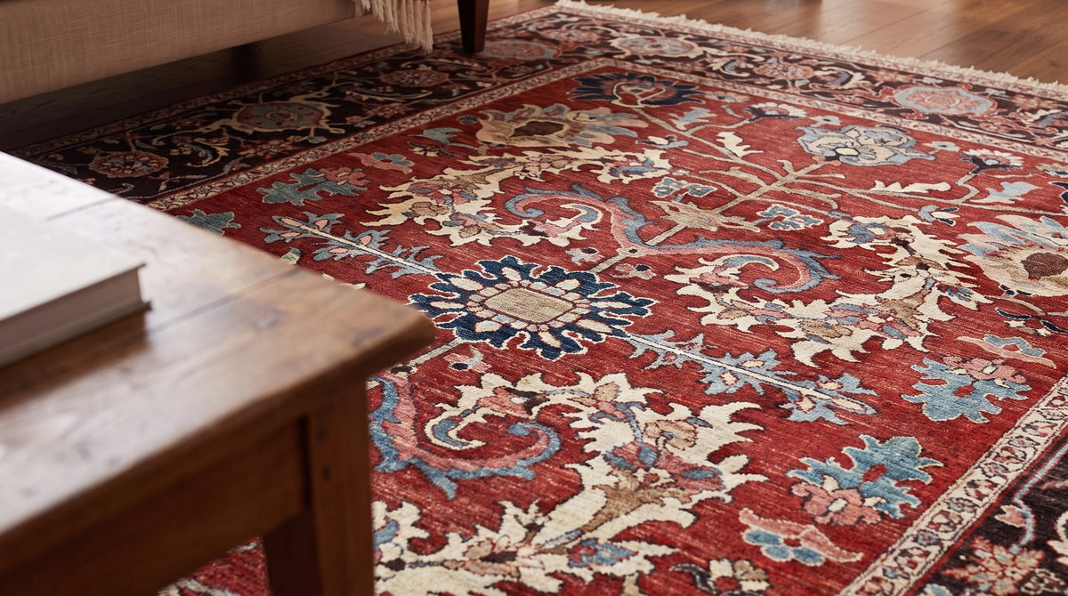 Lila Chic Red Hand Knotted Wool Rug in a living room