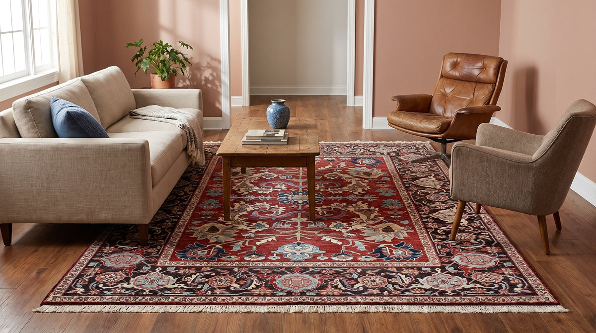 Lila Chic Red Hand Knotted Wool Rug in a living room