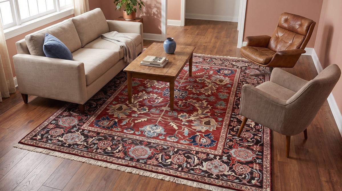 Lila Chic Red Hand Knotted Wool Rug in a living room