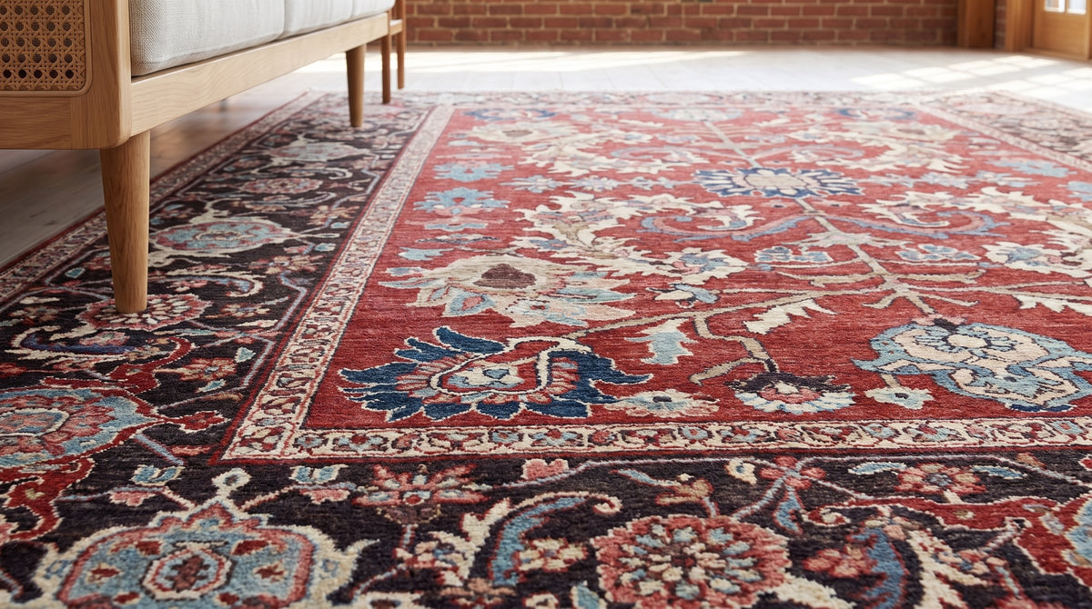 Lila Chic Red Hand Knotted Wool Rug in a sunroom